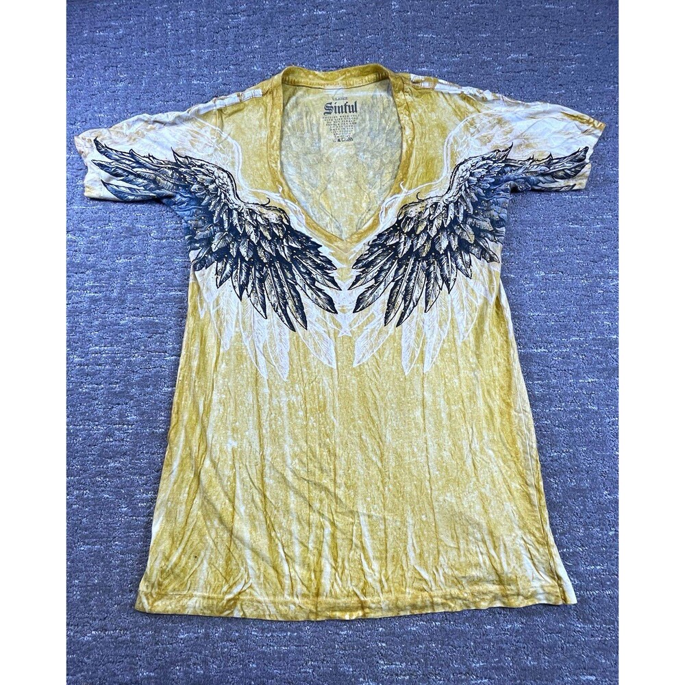 Sinful affliction women’s XL Cotton V-Neck T-Shirt Yellow Angel Wings Graphic